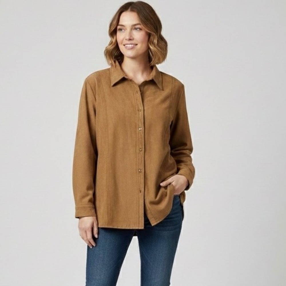 Jessica Plus Women Faux Suede‎ Shirt Jacket Camel 2X Oversized Boho Western Y2K